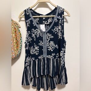 NWT Patrons of Peace Boho Sleeveless top ruffle bottom embroidery SIZE m